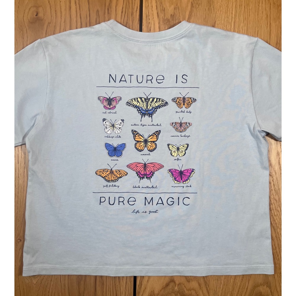 Life is Good Butterfly Graphic Tee Womens Medium Blue Nature Pure Magic